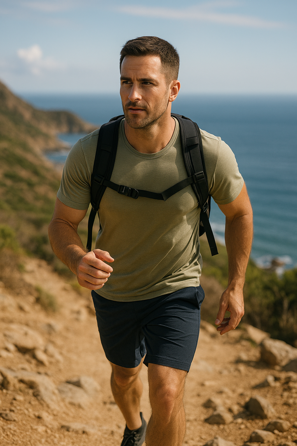 Man hiking with calm focus